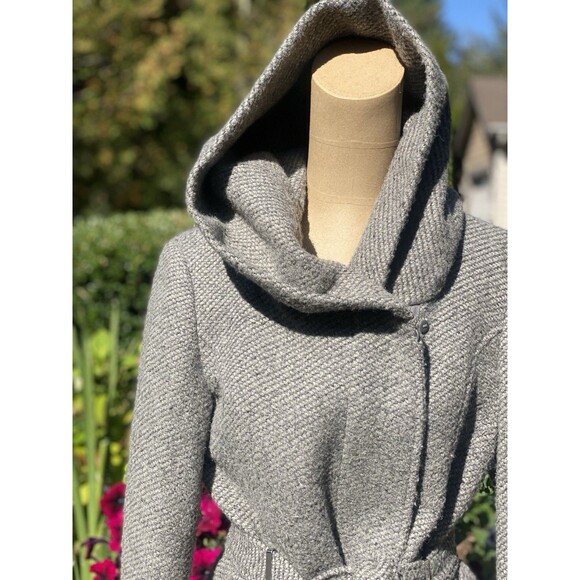 Calvin Klein Wool Blend Grey Herringbone Tweed Hooded Zip Up Overcoat Womens XS - Picture 3 of 8
